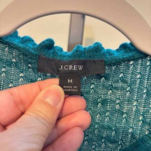 J. Crew Green Pointelle Short Sleeve Ruffle Neck Top - Picture 5 of 12